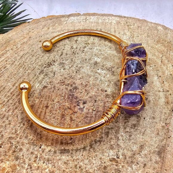 Nature Amethyst Polished Stone Wire Wrapped Cuff Bangle - Picture 5 of 10